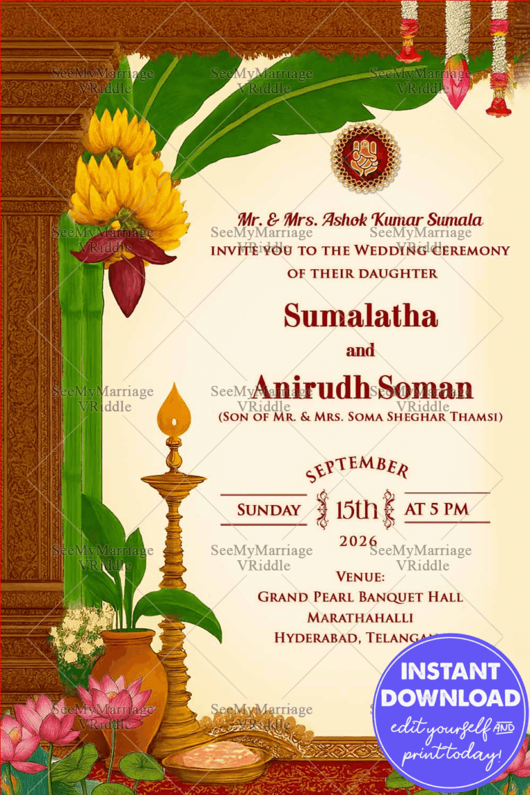 Temple Theme Wedding Invitation Embellished with Traditional Kalash, Sacred Deepam, Banana Leaves, and Lotus Flowers