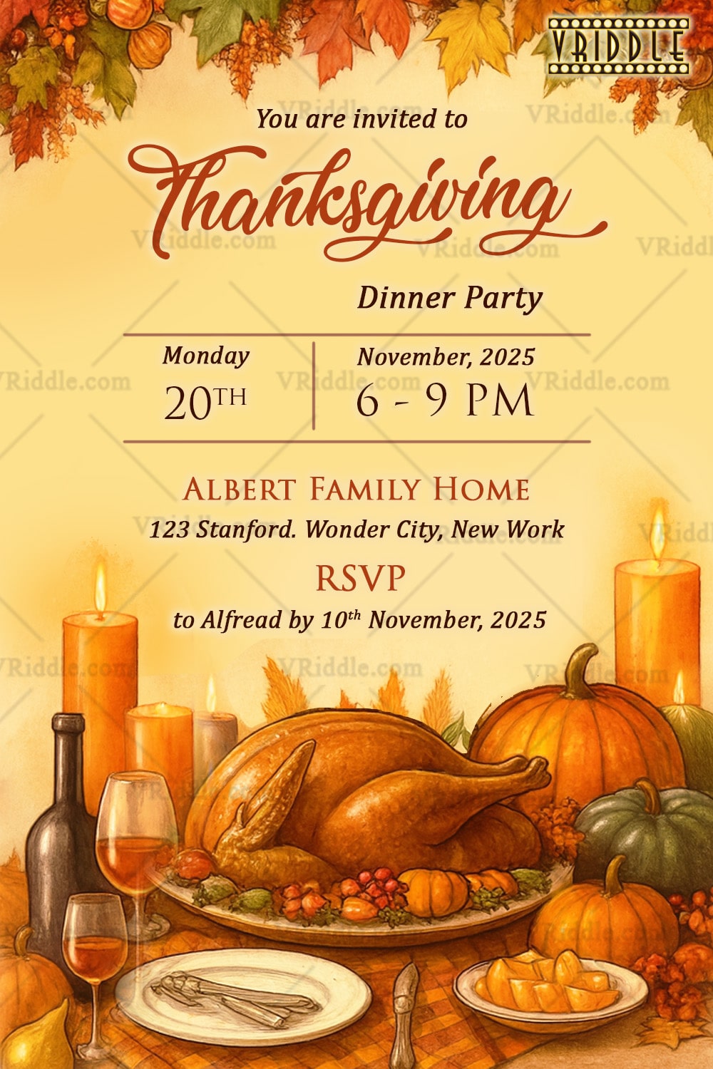 Thanksgiving Dinner Party Invitation with Autumn Leaves, Pumpkins & Festive Feast