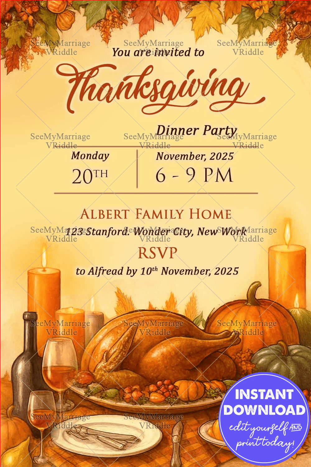 Thanksgiving Dinner Party Invitation with Autumn Leaves, Pumpkins & Festive Feast