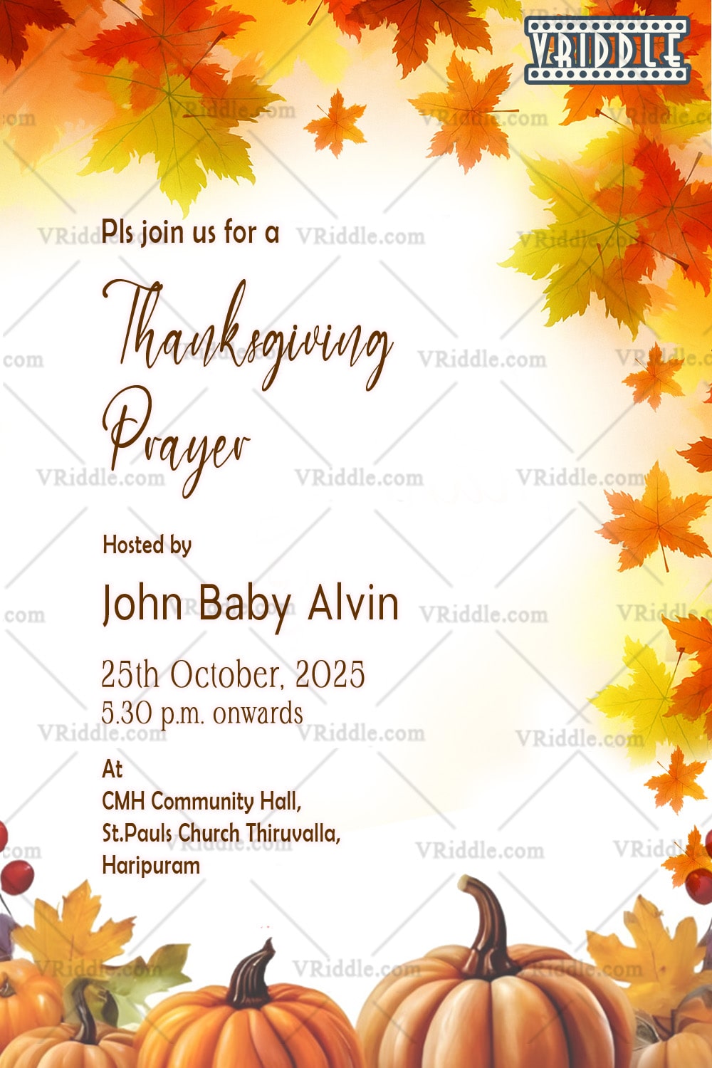 Thanksgiving Prayer Invite with Harvest Motifs and Autumn-Themed leaves in shades of orange and yellow