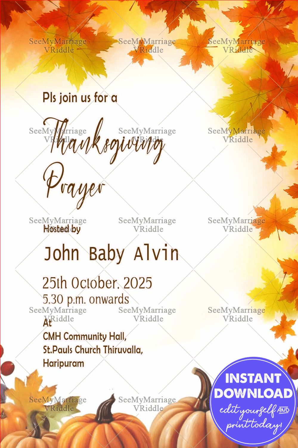 Thanksgiving Prayer Invite with Harvest Motifs and Autumn-Themed leaves in shades of orange and yellow