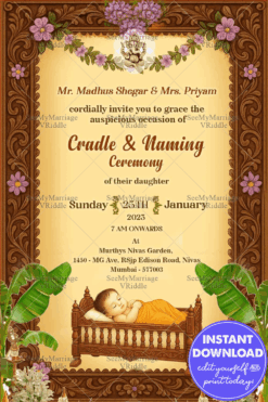 Traditional Cradle and Naming Ceremony Invitation Featuring Baby Cradle Floral Borders and Wooden Temple Frame