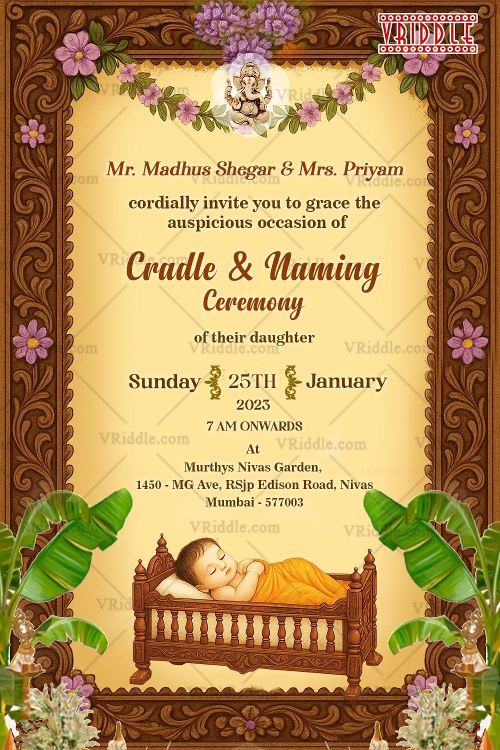 Traditional Cradle and Naming Ceremony Invitation Featuring Baby Cradle Floral Borders and Wooden Temple Frame