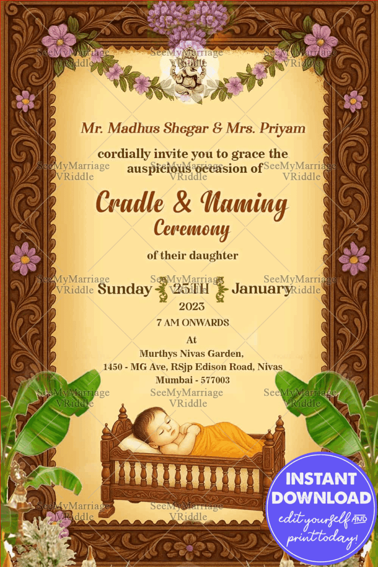 Traditional Cradle and Naming Ceremony Invitation Featuring Baby Cradle Floral Borders and Wooden Temple Frame