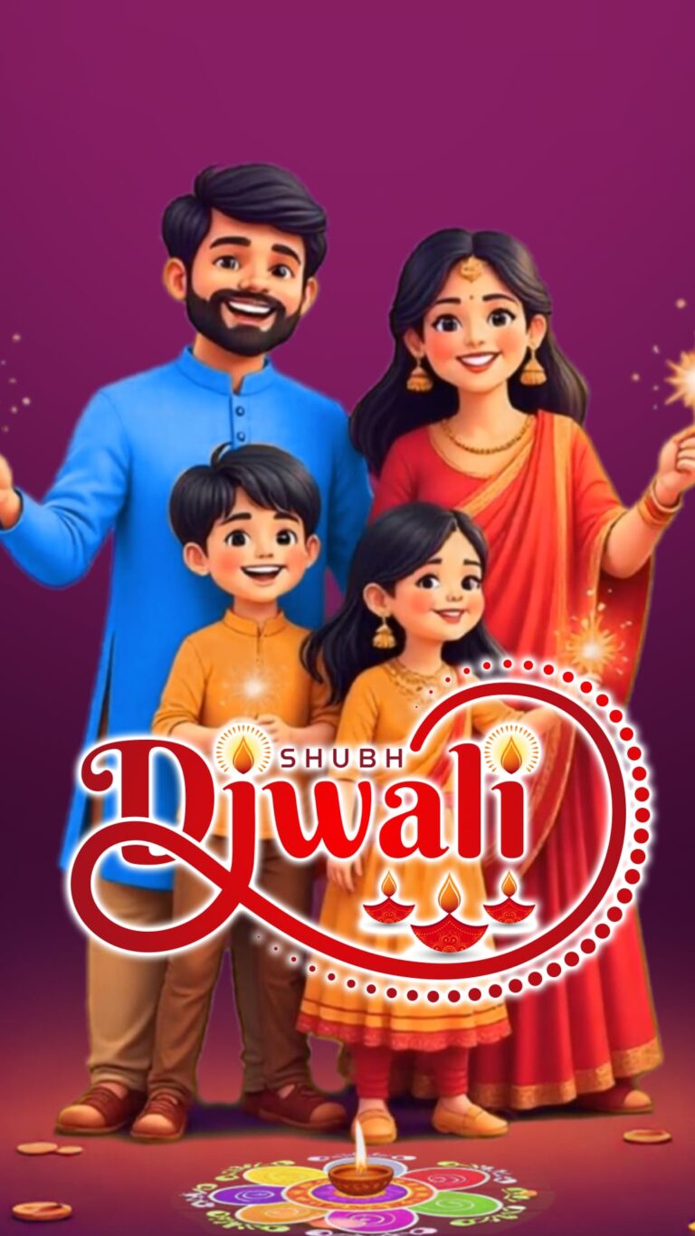 Warm and Joyful Shubh Diwali Invitation Video with Featuring a Cheerful Indian Family in Traditional Attire