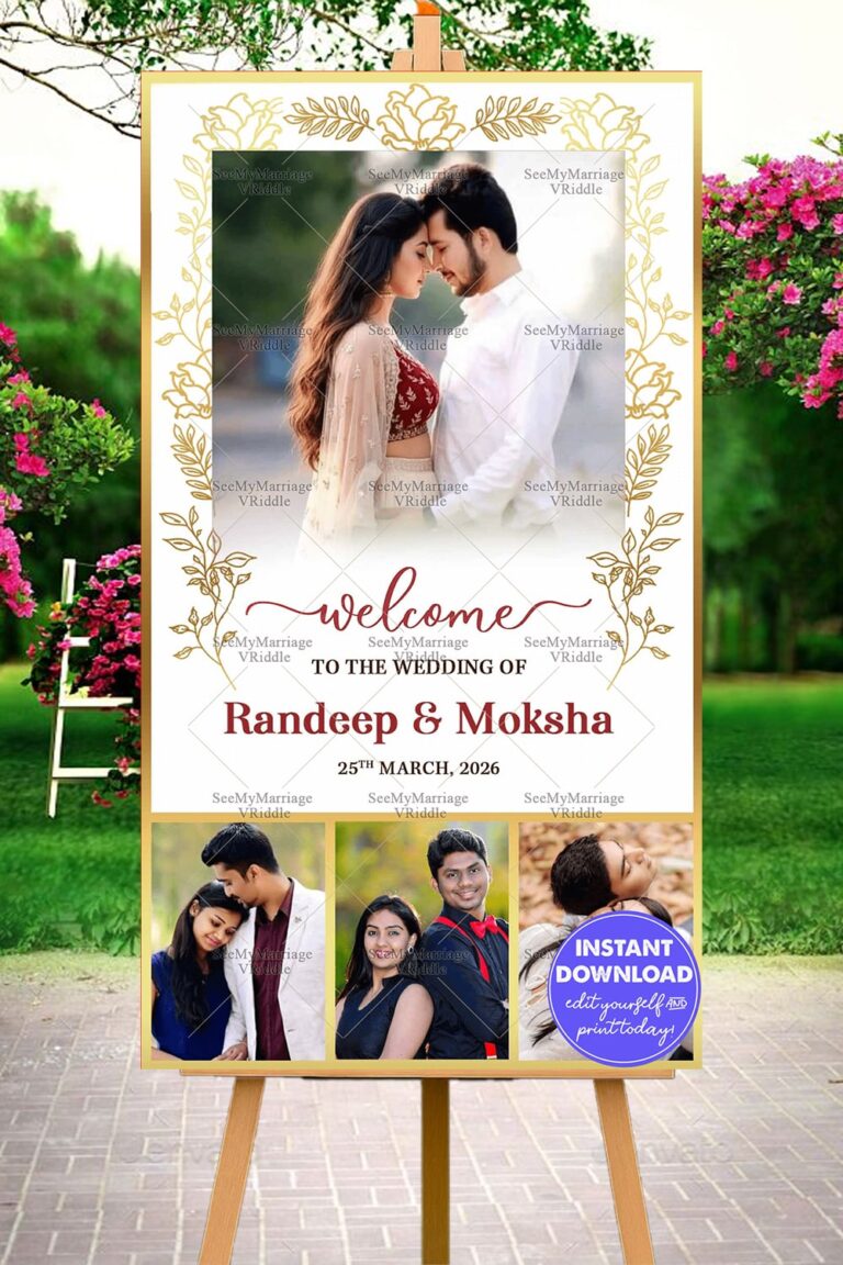Wedding Ceremony Welcome Sign Board Featuring Couple Add Image Option, Golden Floral Borders, and Romantic Pre-Wedding Moments