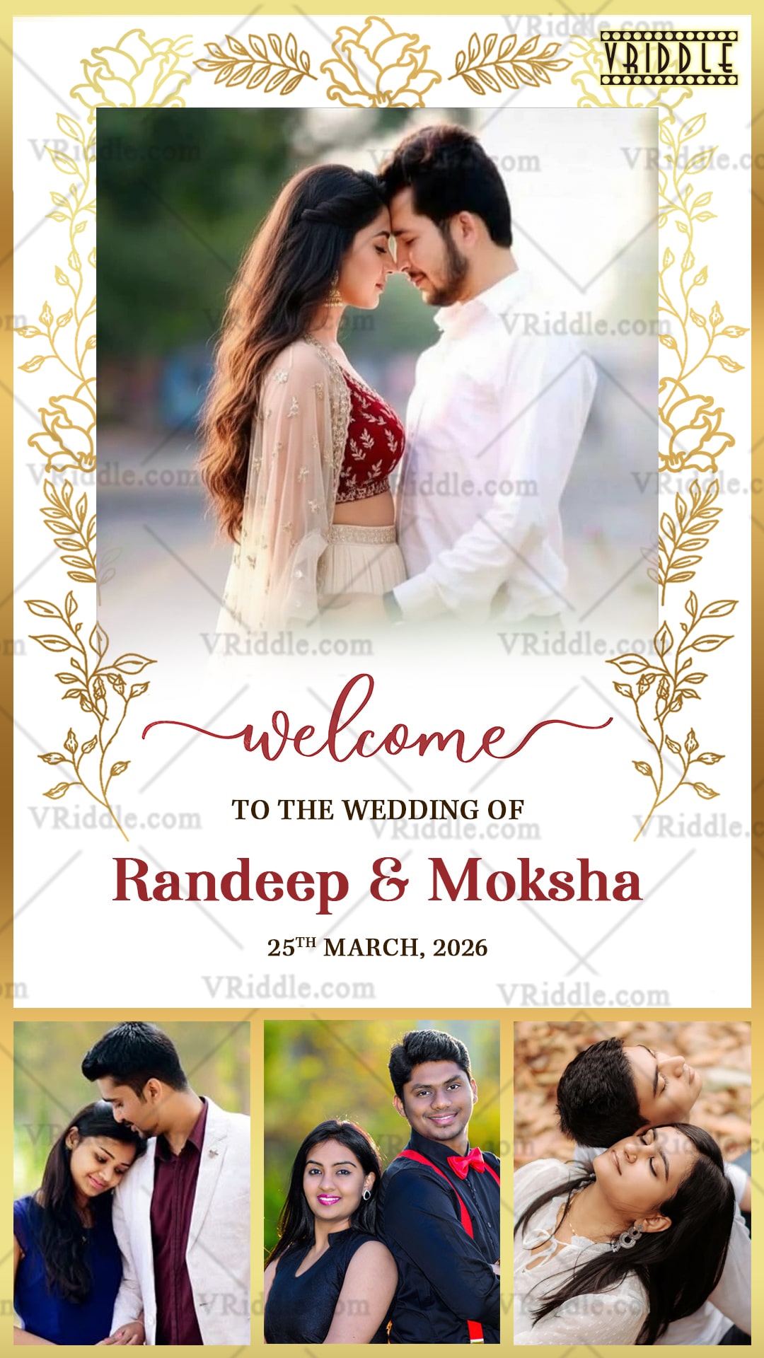 Wedding Ceremony Welcome Sign Board Featuring Couple Add Image Option, Golden Floral Borders, and Romantic Pre-Wedding Moments