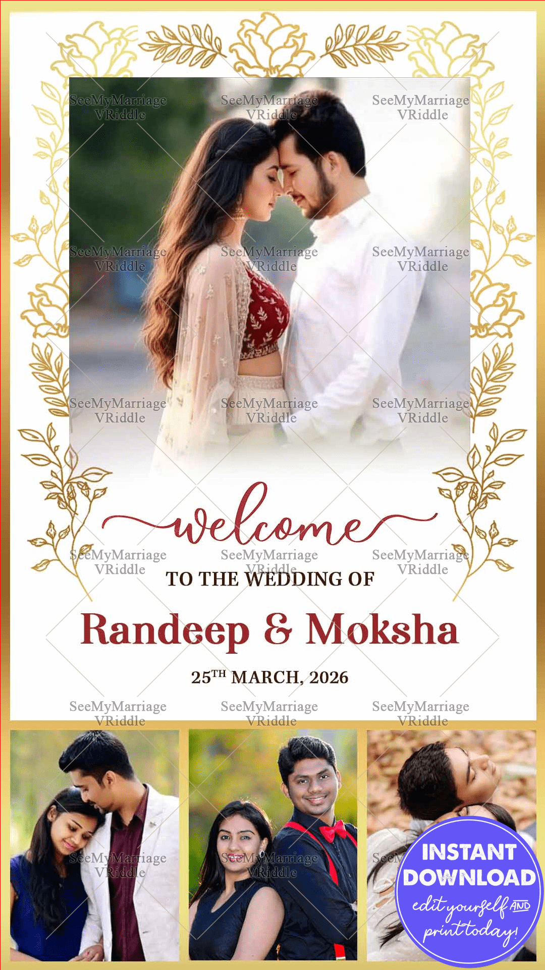 Wedding Ceremony Welcome Sign Board Featuring Couple Add Image Option, Golden Floral Borders, and Romantic Pre-Wedding Moments