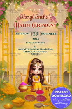 Whimsical Haldi Ceremony Invitation with Cute Bride Illustration, Marigold Decor & Traditional Elements