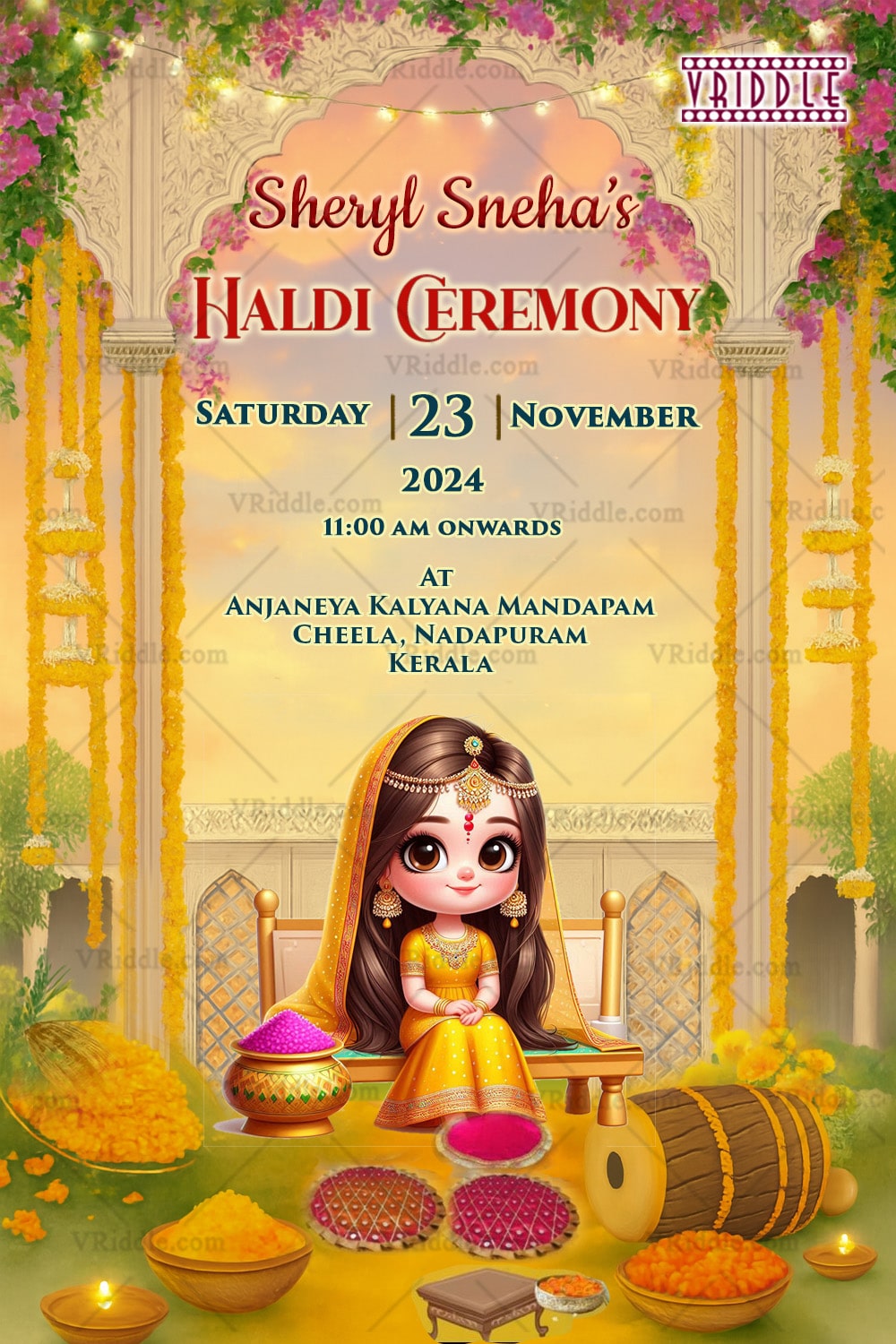 Whimsical Haldi Ceremony Invitation with Cute Bride Illustration, Marigold Decor & Traditional Elements