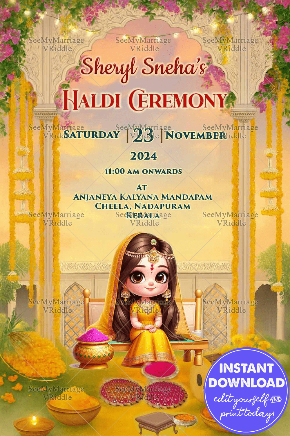 Whimsical Haldi Ceremony Invitation with Cute Bride Illustration, Marigold Decor & Traditional Elements