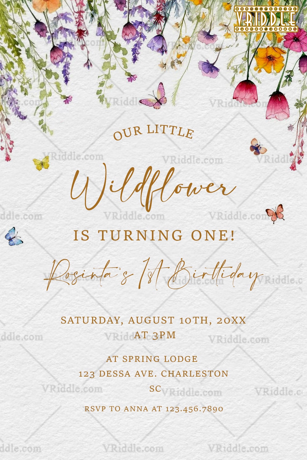Wildflower First Birthday Invitation with Watercolor Elements, Butterflies in Soft White BG