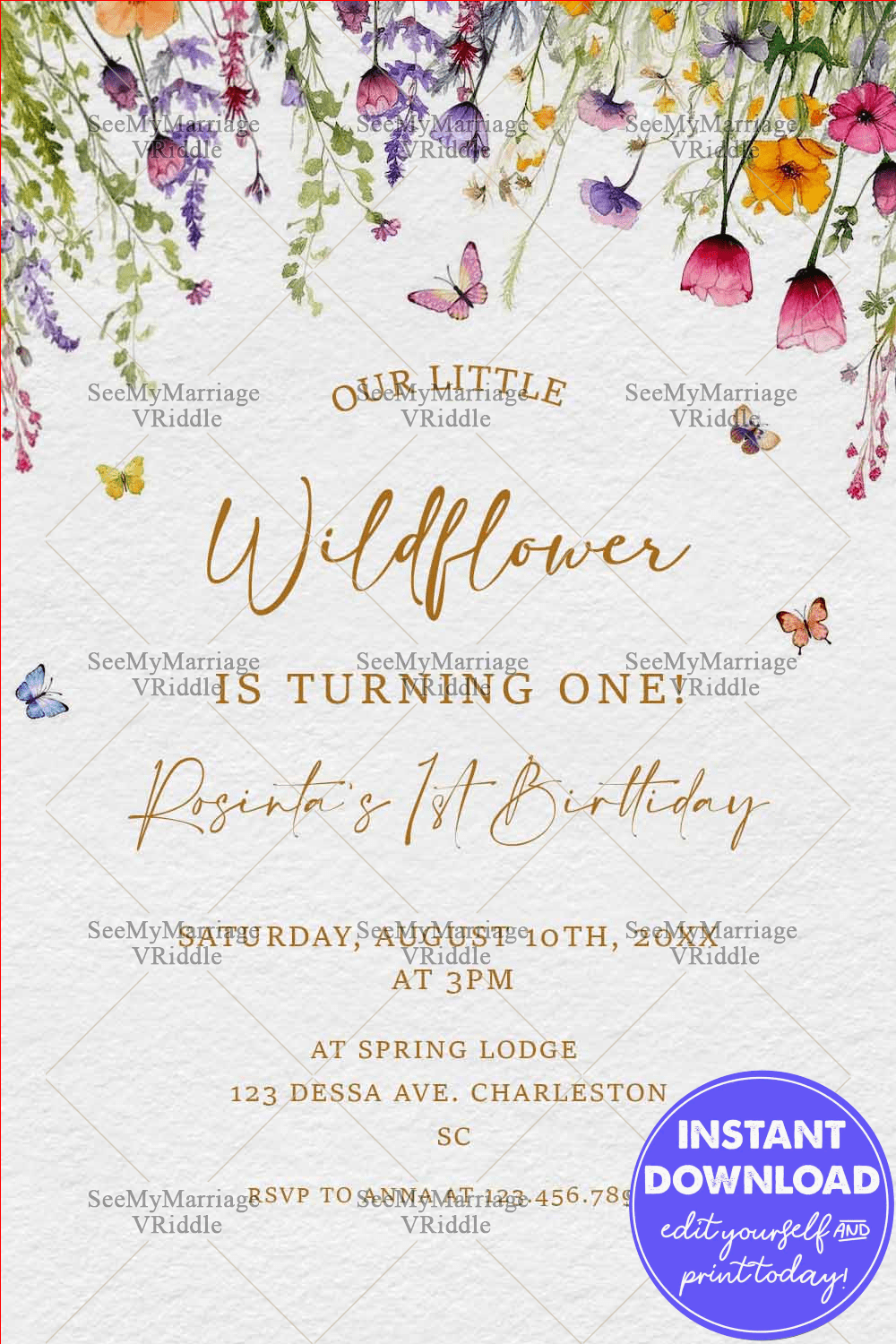 Wildflower First Birthday Invitation with Watercolor Elements, Butterflies in Soft White BG
