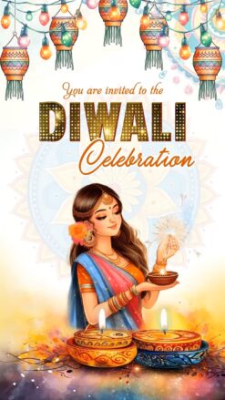 Woman Holding Diyas Diwali Celebration Invitation Video with Festive Lights and Watercolor Floral Accents