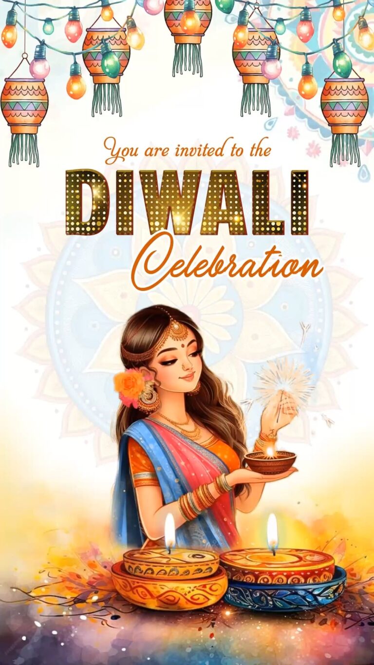 Woman Holding Diyas Diwali Celebration Invitation Video with Festive Lights and Watercolor Floral Accents