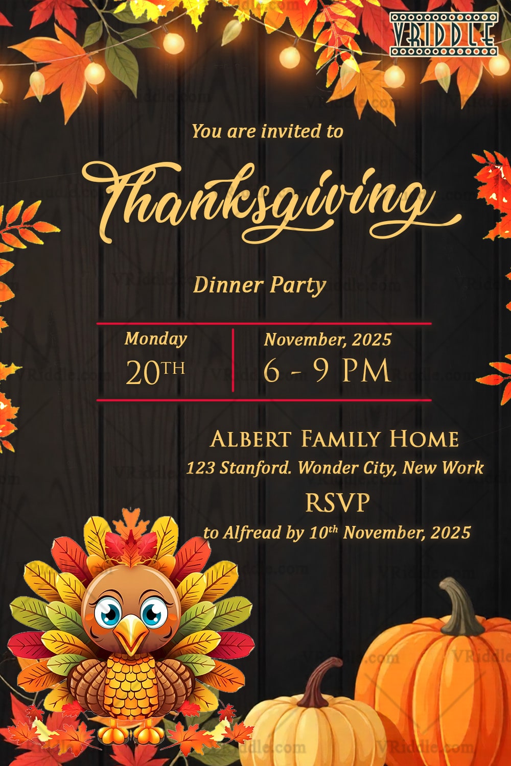 Autumnal leaves Thanksgiving Dinner Party Invitation with Lights in Wooden Backdrop