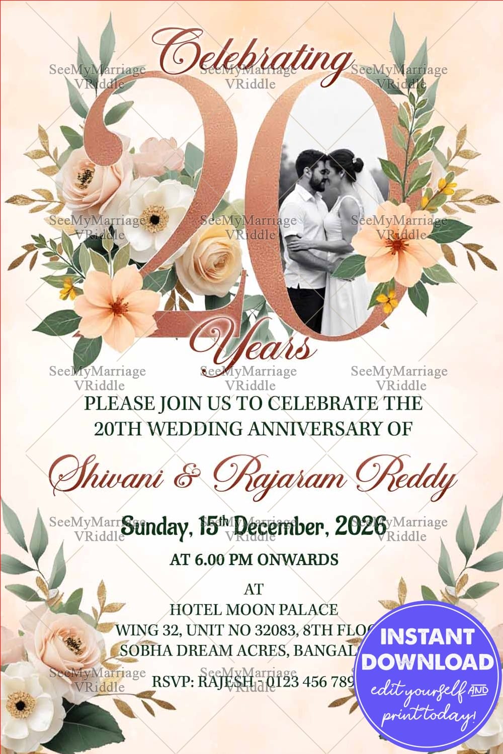 Pastel Flower Accents 20th Wedding Anniversary Invitation Card with Add Photo in Numeral Design
