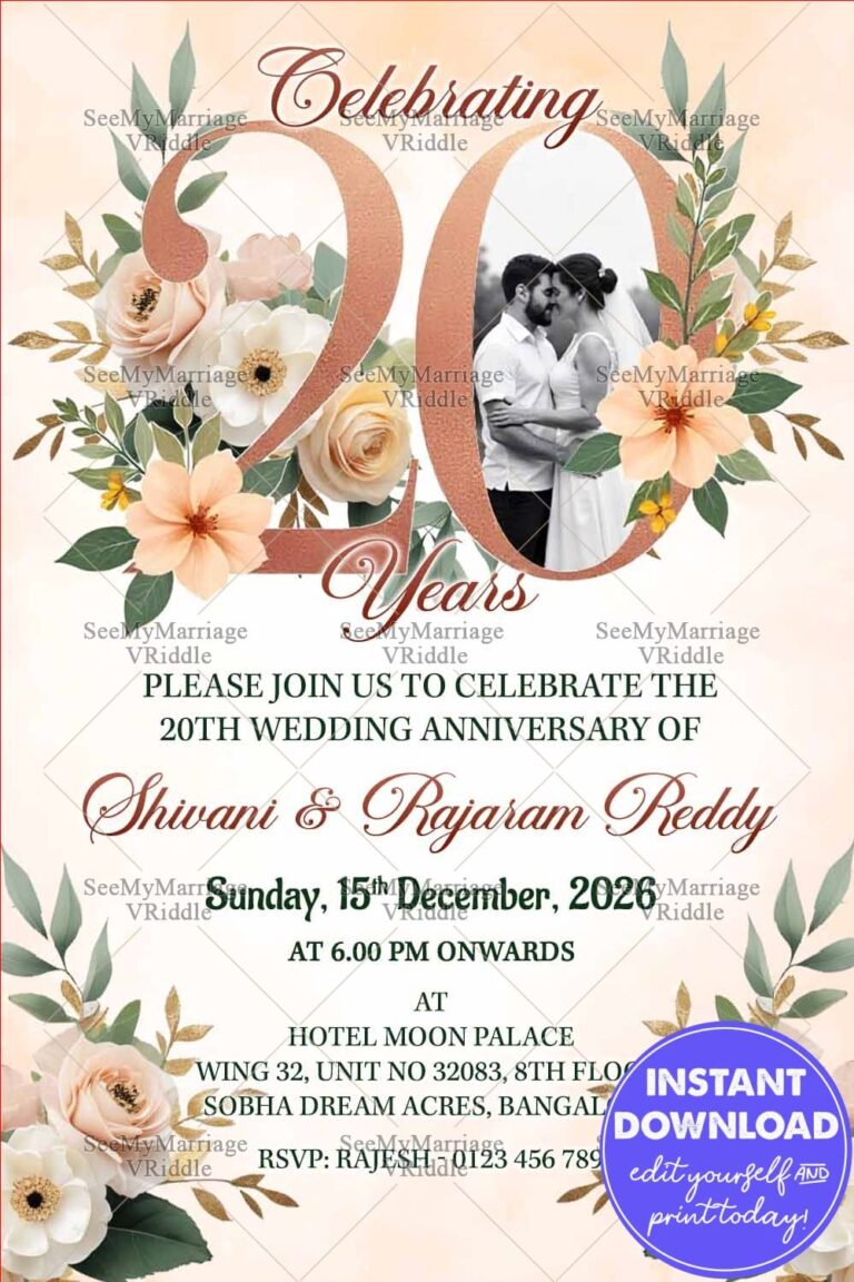 Pastel Flower Accents 20th Wedding Anniversary Invitation Card with Add Photo in Numeral Design