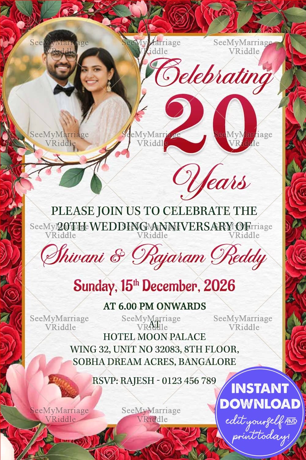 Romantic 20th Wedding Anniversary Invitation Card with Add Photo and Red Rose, Pink Lotus BG