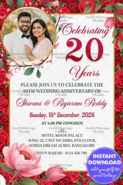 Romantic 20th Wedding Anniversary Invitation Card with Add Photo and Red Rose, Pink Lotus BG
