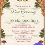 Traditional Roce Ceremony Invitation with Royal Arch, Coconut Motif & Floral Accents