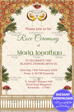 Traditional Roce Ceremony Invitation with Royal Arch, Coconut Motif & Floral Accents