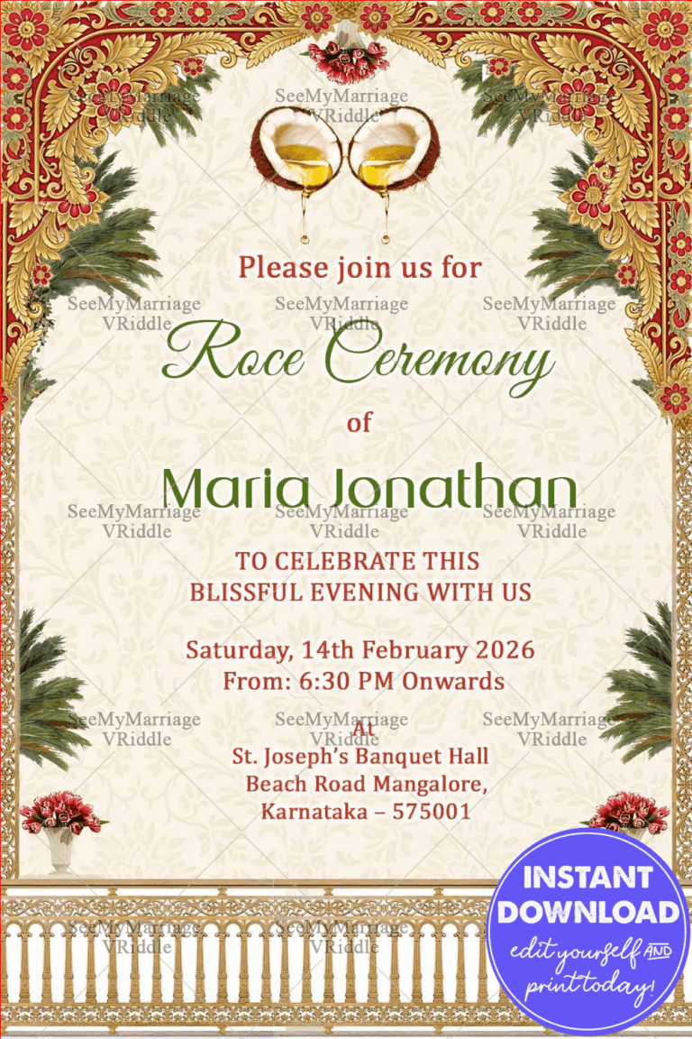 Traditional Roce Ceremony Invitation with Royal Arch, Coconut Motif & Floral Accents