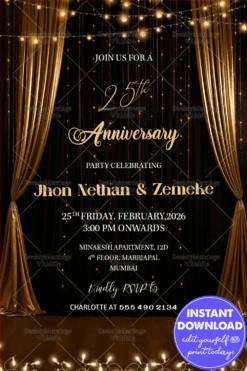 25th Anniversary Invitation with Golden Curtains String Lights & Classic Black Stage Ambience