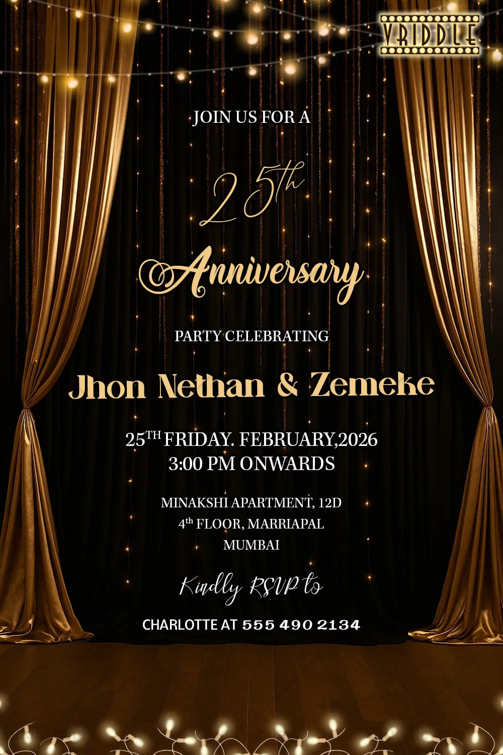 25th Anniversary Invitation with Golden Curtains String Lights & Classic Black Stage Ambience