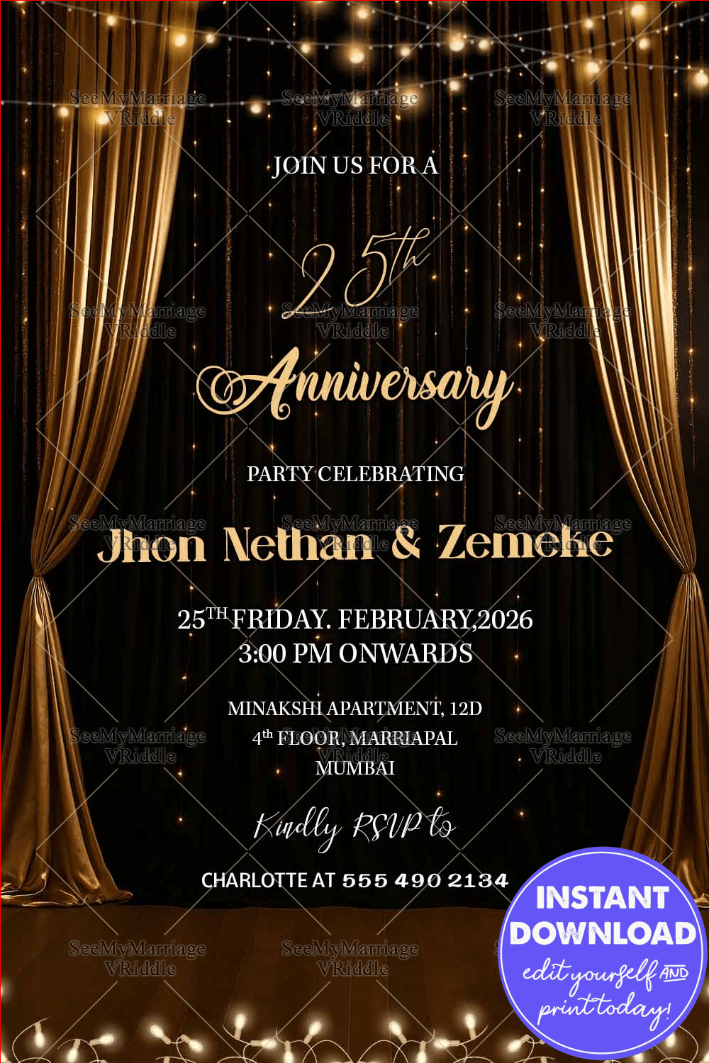 25th Anniversary Invitation with Golden Curtains String Lights & Classic Black Stage Ambience