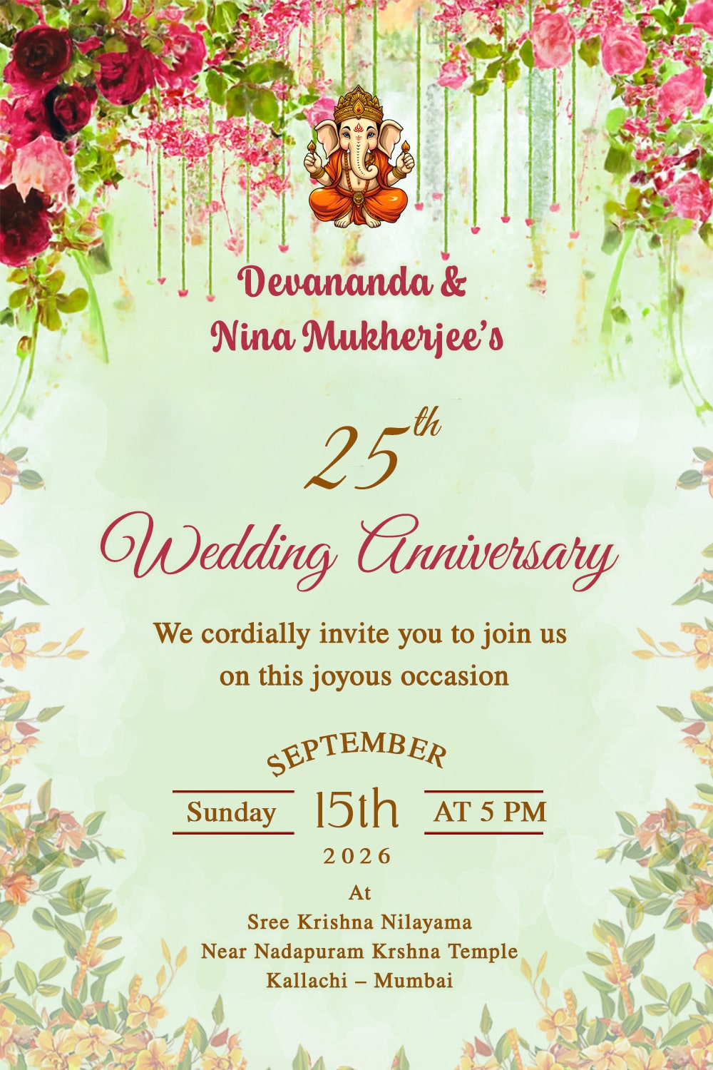 Anniversary Invitation pink and Red Roses Blossoms and Hanging on a Soft Pastel Background