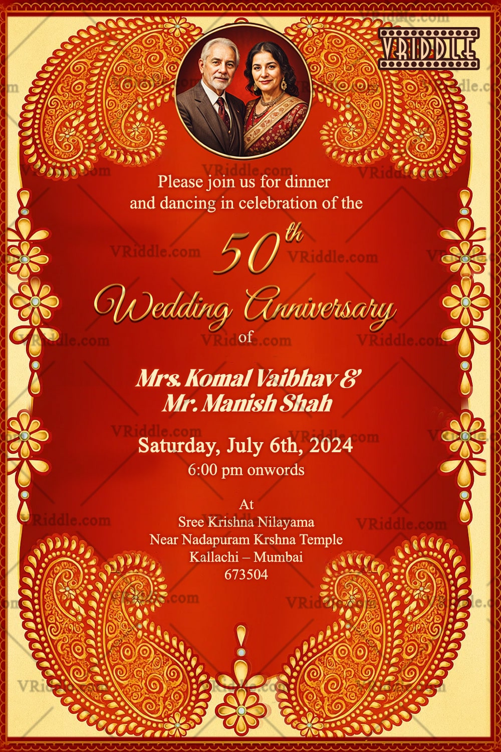 Golden Anniversary Invitation Card with Add Image option and Traditional Motifs with Warm Red Hues