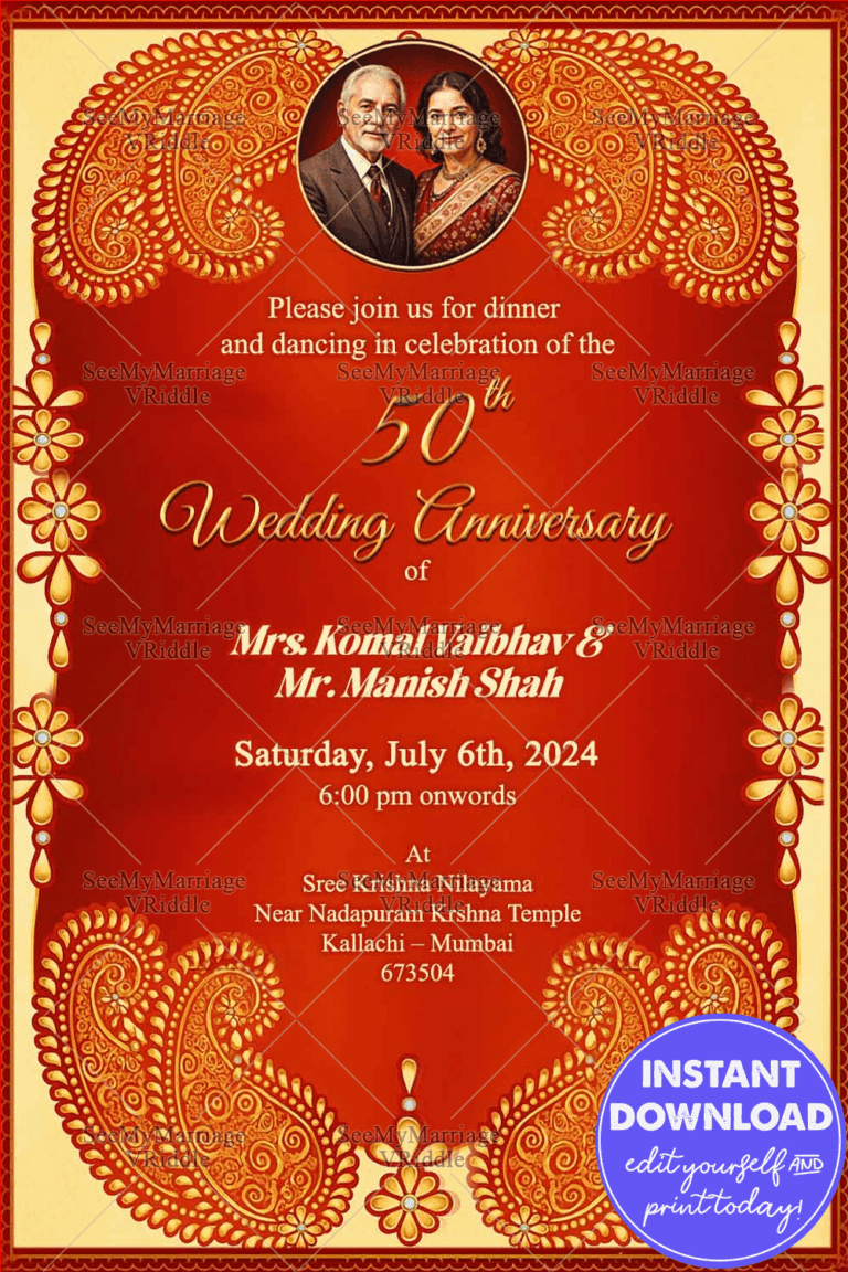 Golden Anniversary Invitation Card with Traditional Motifs and Warm Red Hues
