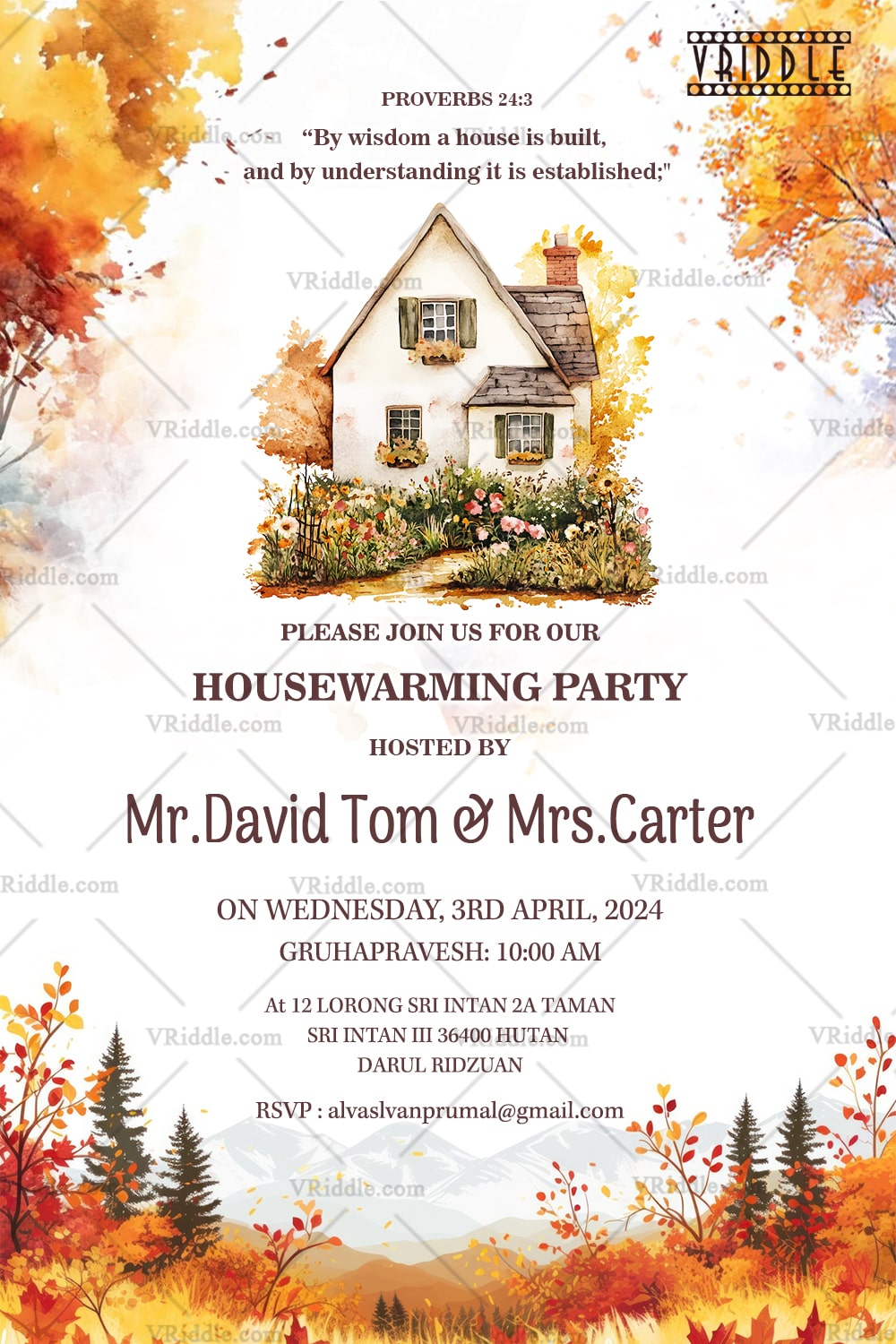 Autumn-Hued Christian Housewarming Invitation with Cozy Cottage, Biblical Blessing