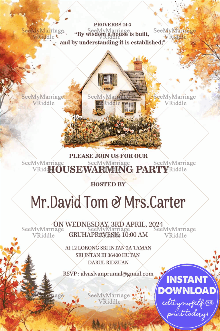 Autumn-Hued Christian Housewarming Invitation with Cozy Cottage, Biblical Blessing