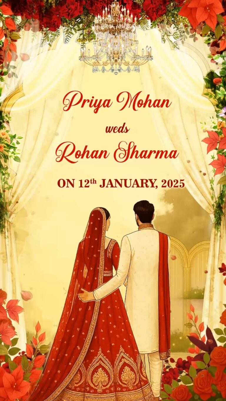 Back-Facing Couple North Indian Shaadi Nimantran Video with Red-Gold, Peacock and Floral Accents in a Royal BG