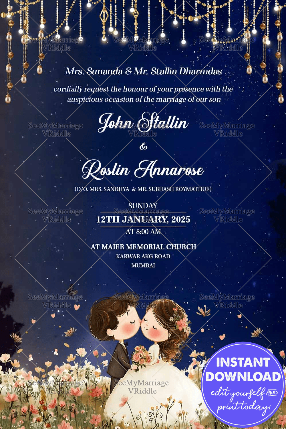 Christian Cartoon Wedding Invitation Card with Starry Night Theme and Bride-Groom Illustration