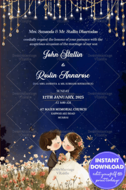 Christian Cartoon Wedding Invitation Card with Starry Night Theme and Bride-Groom Illustration