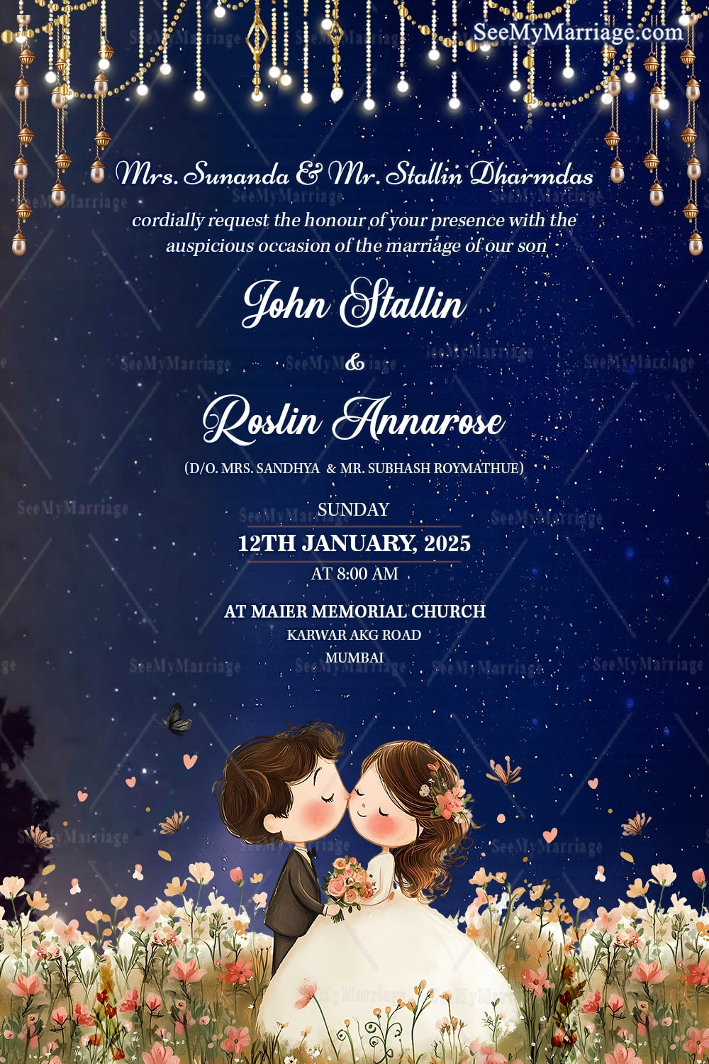 Christian Cartoon Wedding Invitation Card with Starry Night Theme and Bride-Groom Illustration