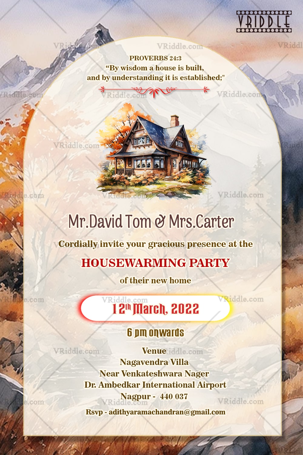 Christian Housewarming Invitation with Autumn Cottage Image, Biblical Blessing