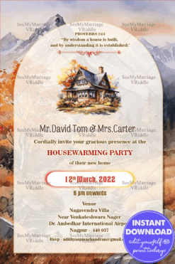 Christian Housewarming Invitation with Autumn Cottage Image, Biblical Blessing