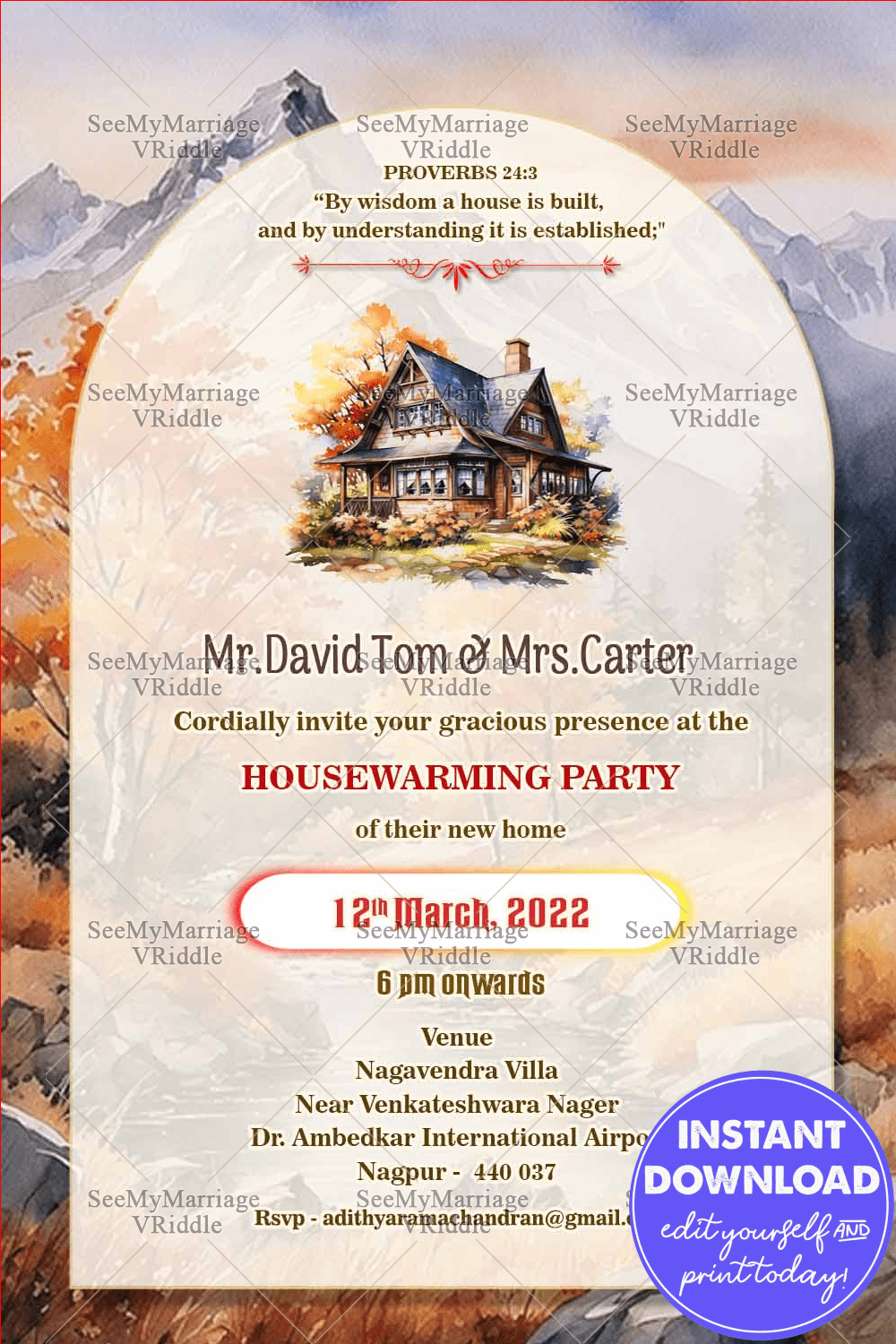 Christian Housewarming Invitation with Autumn Cottage Image, Biblical Blessing