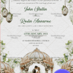 Christian Wedding Invitation Card with Floral Decor, Couple Illustration, and Ornate Architectural Elements