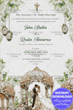Christian Wedding Invitation Card with Floral Decor, Couple Illustration, and Ornate Architectural Elements