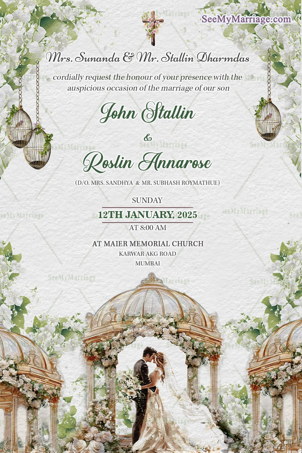 Christian Wedding Invitation Card with Floral Decor, Couple Illustration, and Ornate Architectural Elements