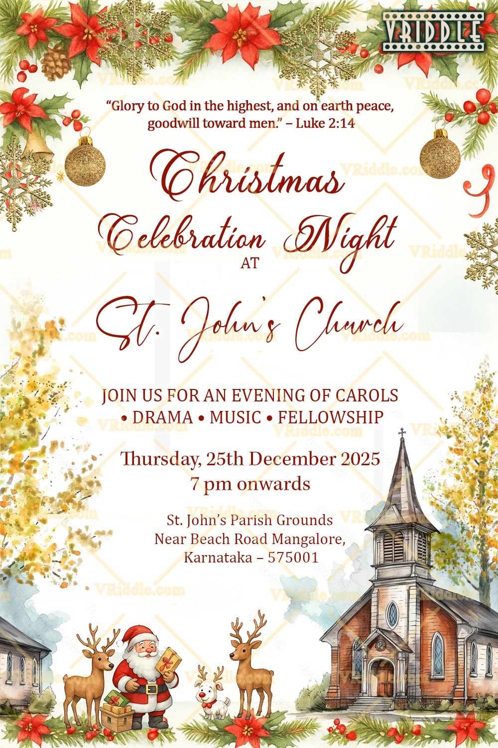 Christmas Celebration Night Invitation with Church Theme Soft Cream Background