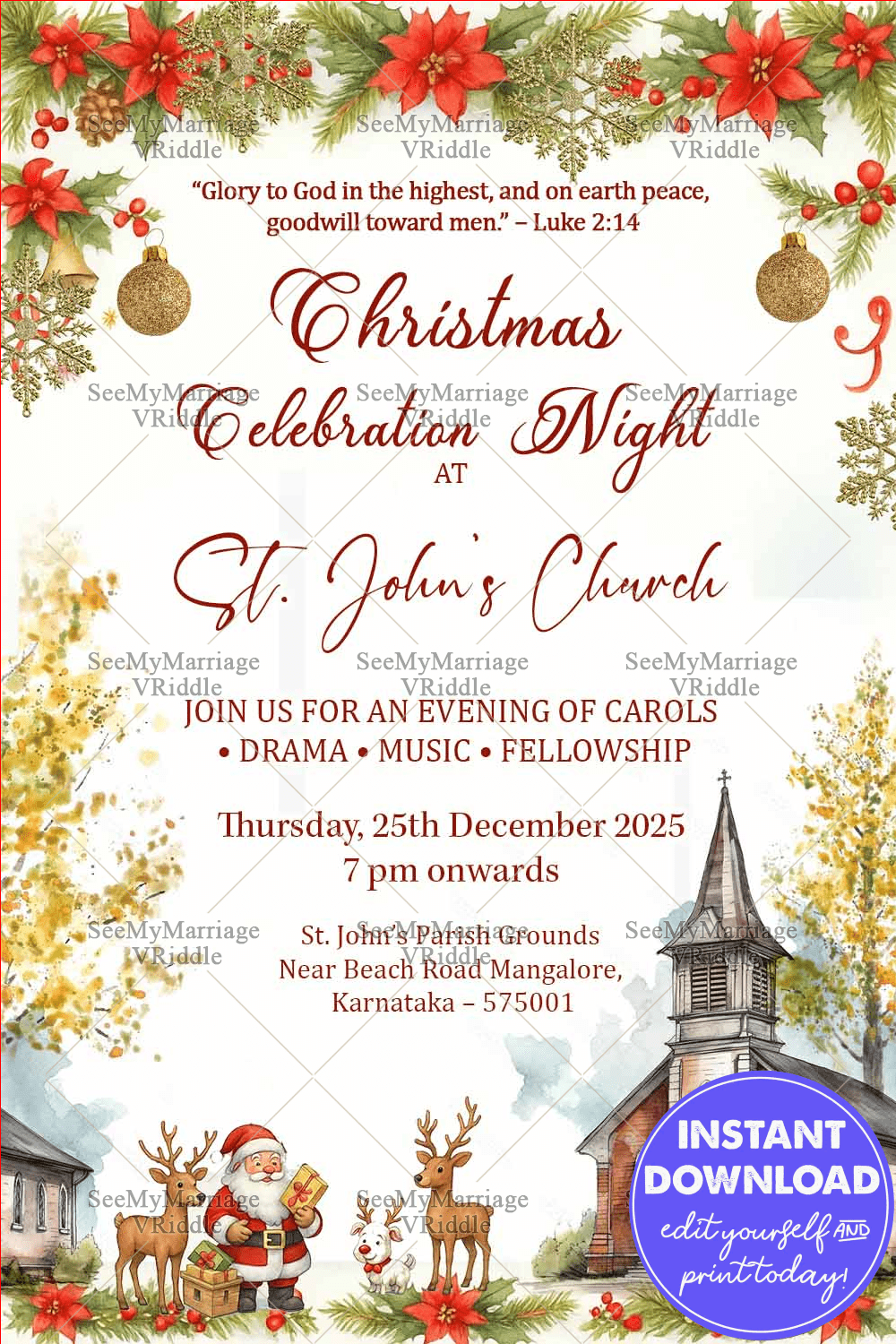 Christmas Celebration Night Invitation with Church Theme Soft Cream Background