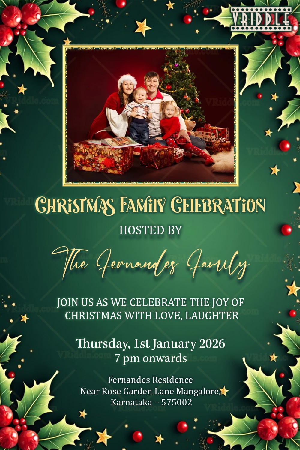 Christmas Family Celebration Invitation with Festive Greenery and Warm Holiday Vibes