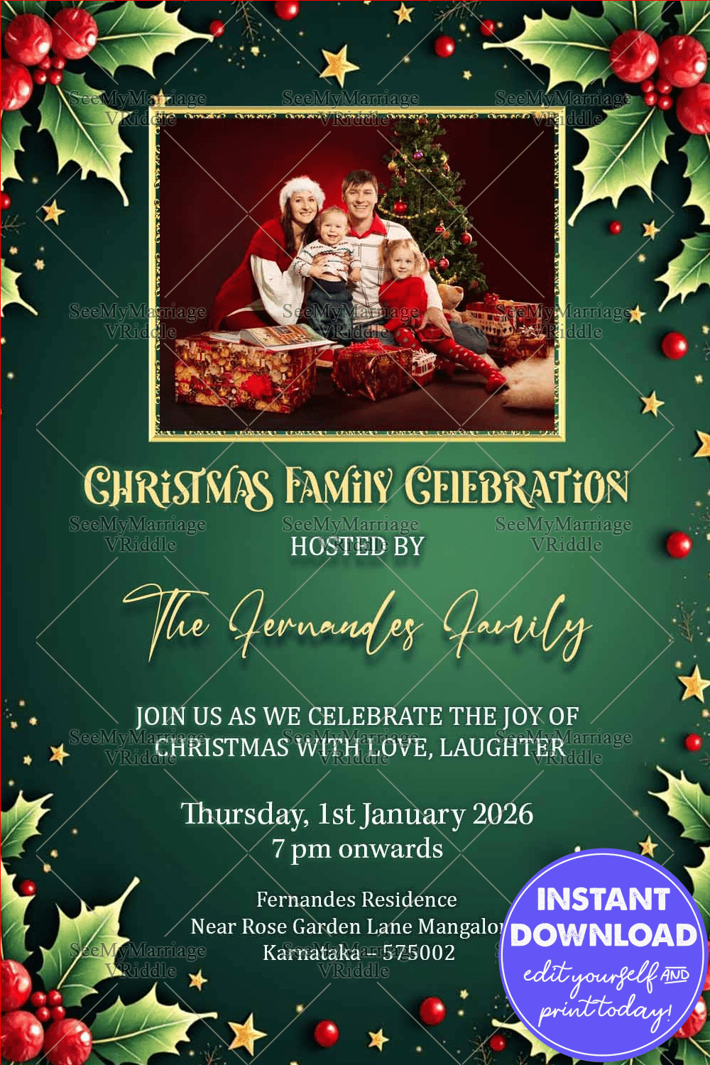 Christmas Family Celebration Invitation with Festive Greenery and Warm Holiday Vibes