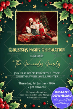 Christmas Family Celebration Invitation with Festive Greenery and Warm Holiday Vibes